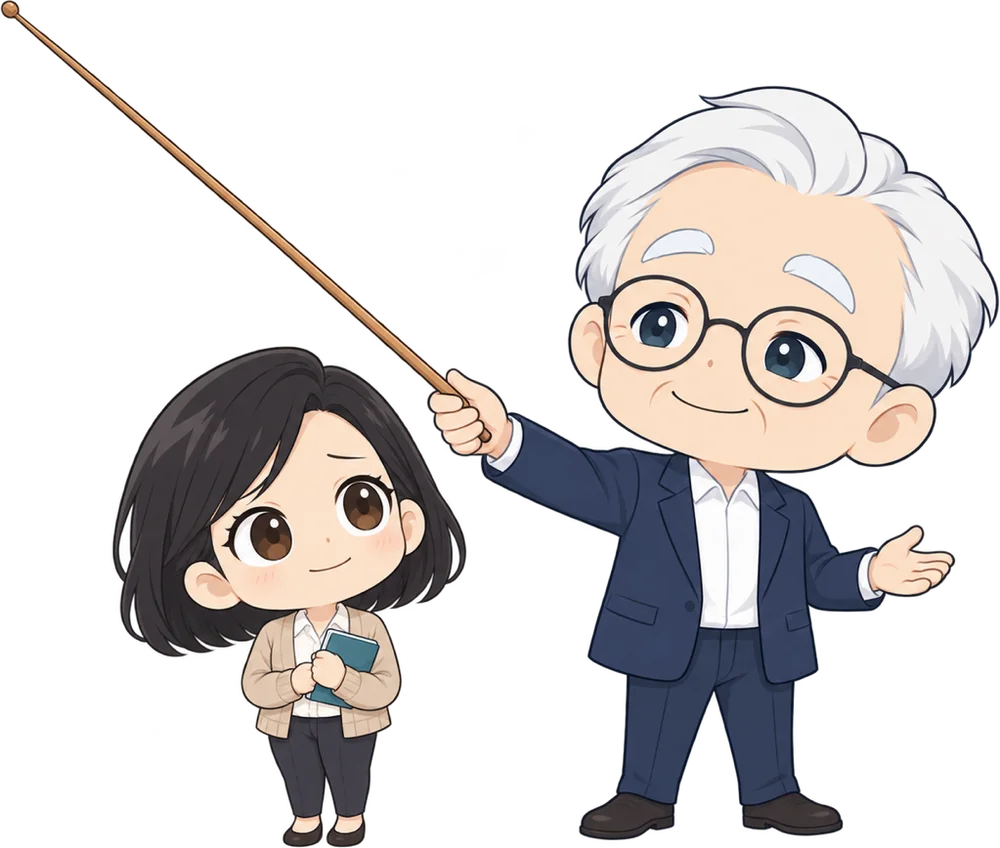指示棒で黒板を指して説明するまもる先生と、ノートを持って見上げるはじめさん